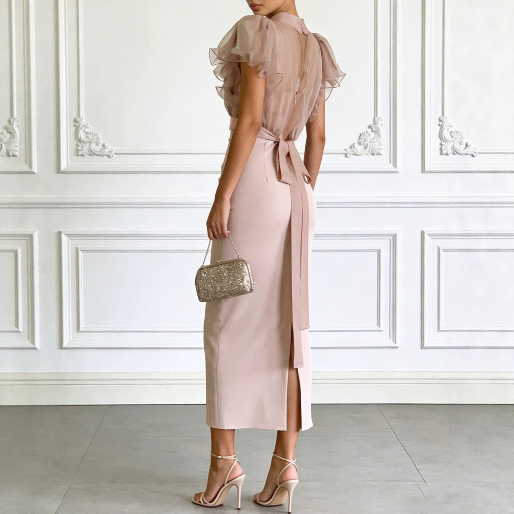 Pink Mesh Lace Two-Piece Dress Set – Elegant Long Skirt & Top