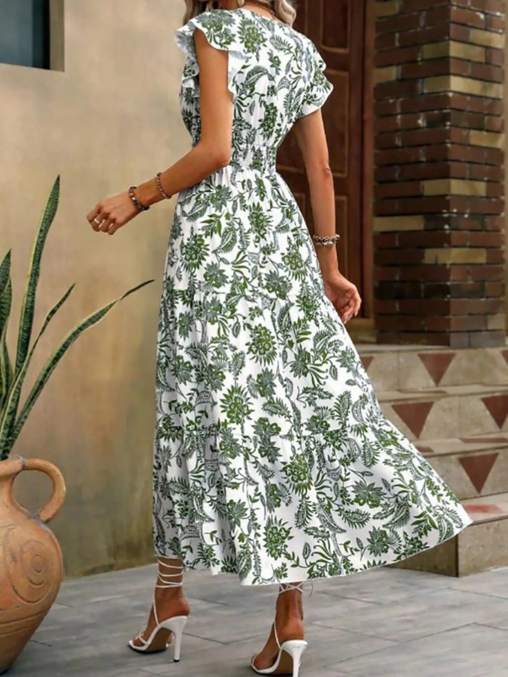 Floral Print Ruffle Sleeve Midi Dress