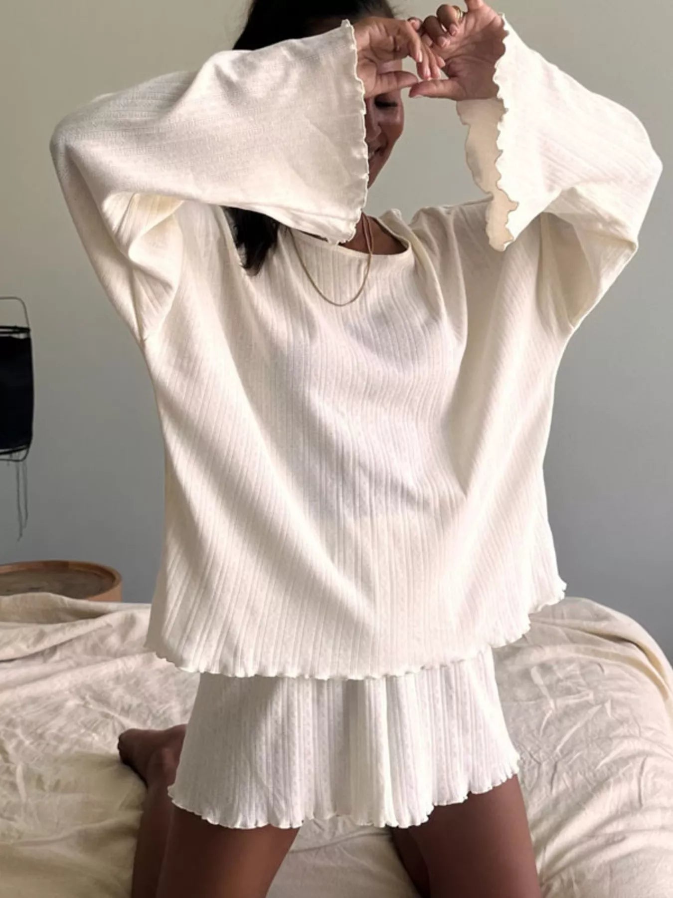 Ribbed Knit Long Sleeve Top and Shorts Lounge Set