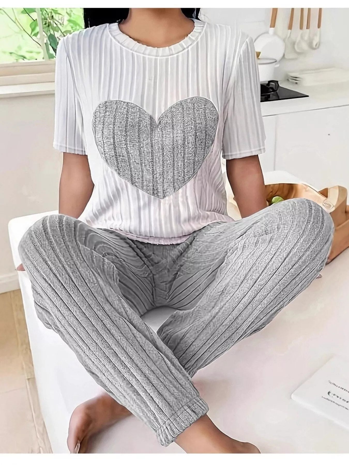 Heart Ribbed Knit Top and Pants Lounge Set