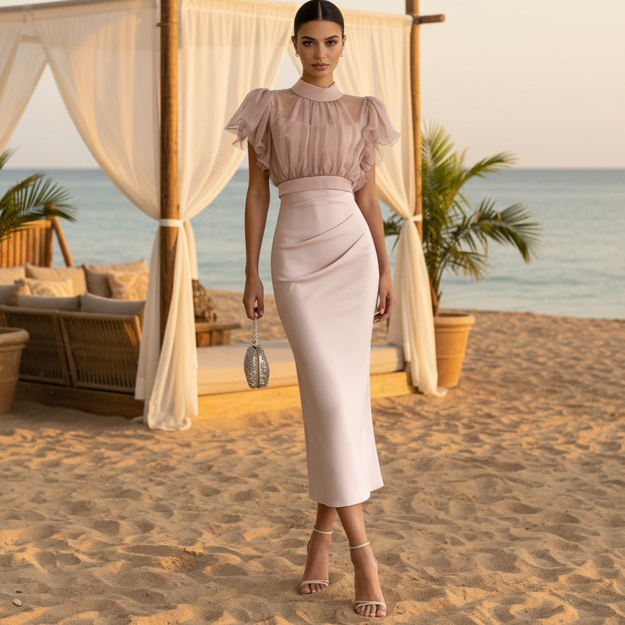 Pink Mesh Lace Two-Piece Dress Set – Elegant Long Skirt & Top