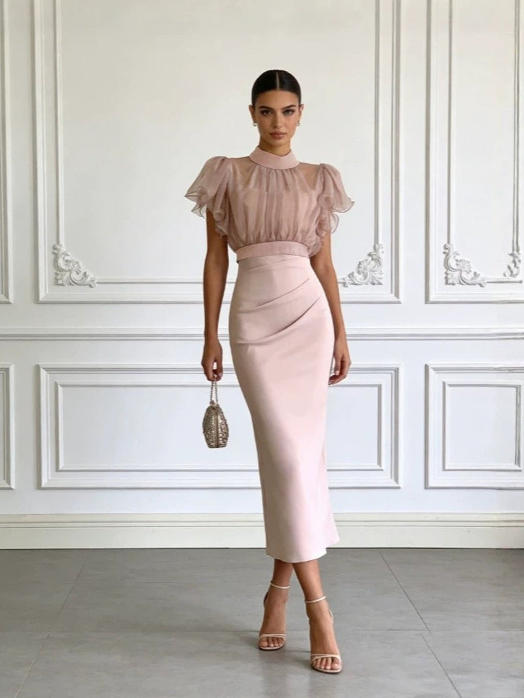 Pink Mesh Lace Two-Piece Dress Set – Elegant Long Skirt & Top