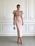 Pink Mesh Lace Two-Piece Dress Set – Elegant Long Skirt & Top