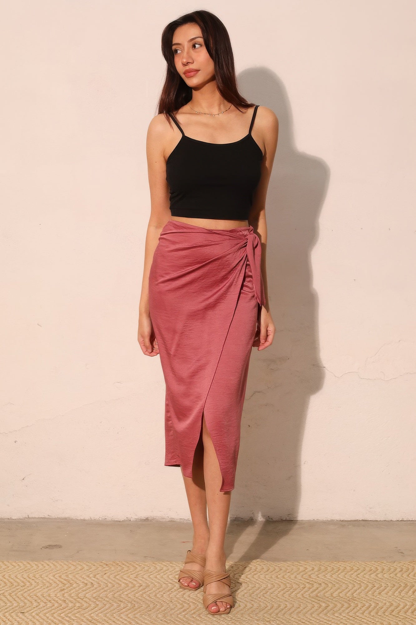 Washed Satin Crepe Side Wrap Midi Skirt