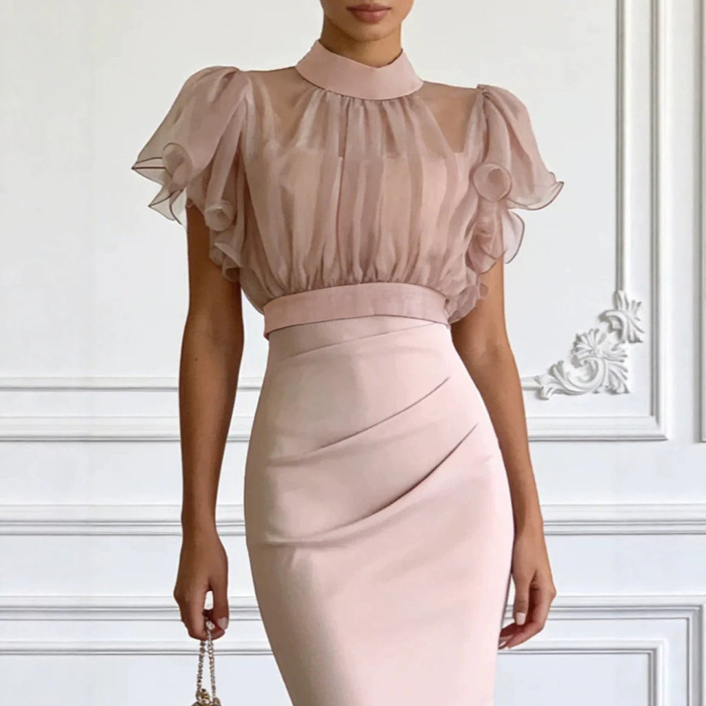 Pink Mesh Lace Two-Piece Dress Set – Elegant Long Skirt & Top