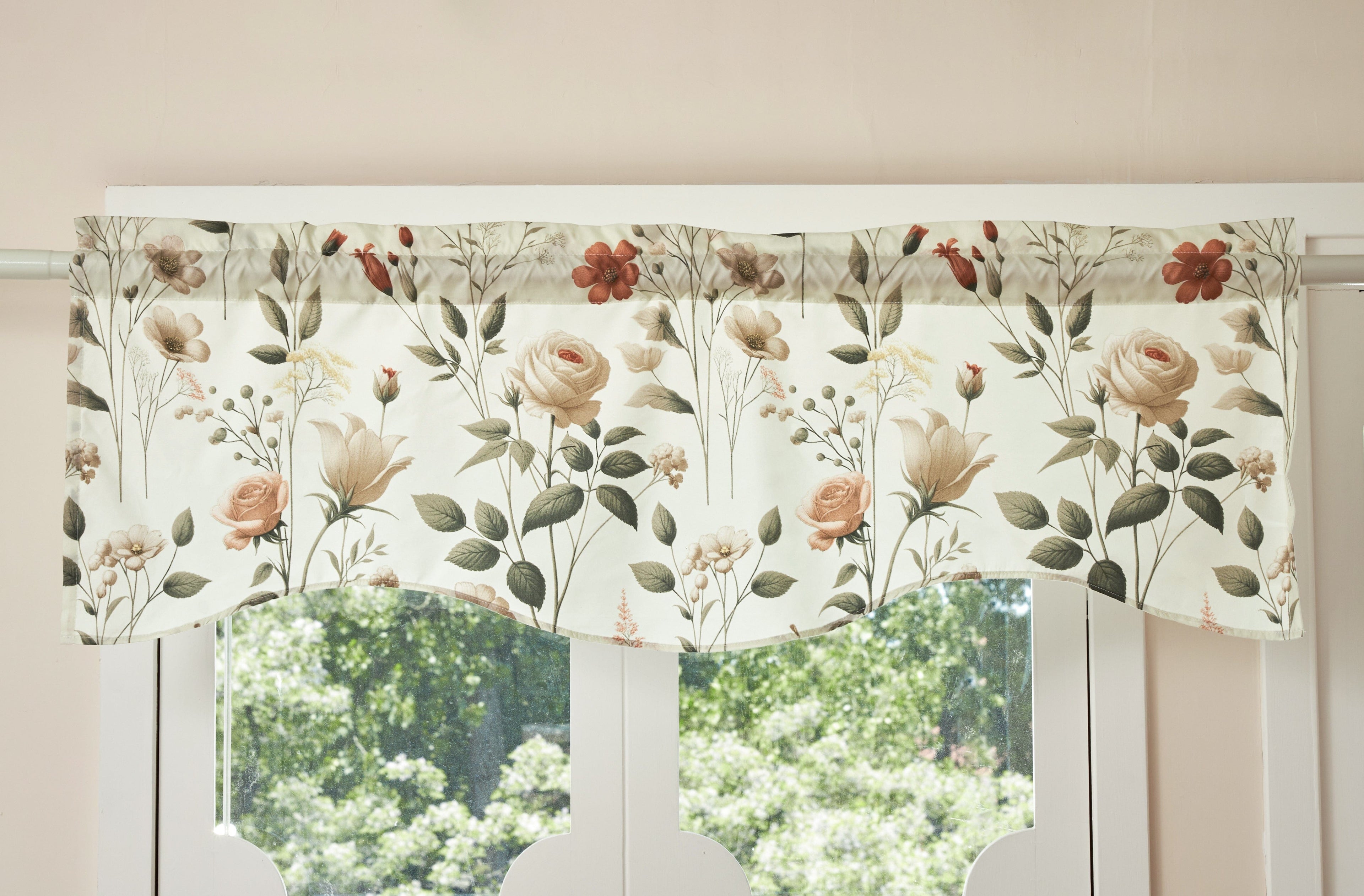 DaDa Bedding Collection Enchanted Meadow Semi-Sheer Valance - Floral Elegance in Beige, Rose, and Soft Green, Light Filtering See Through Microfiber, Rod Pocket Design, 18x52 Inches