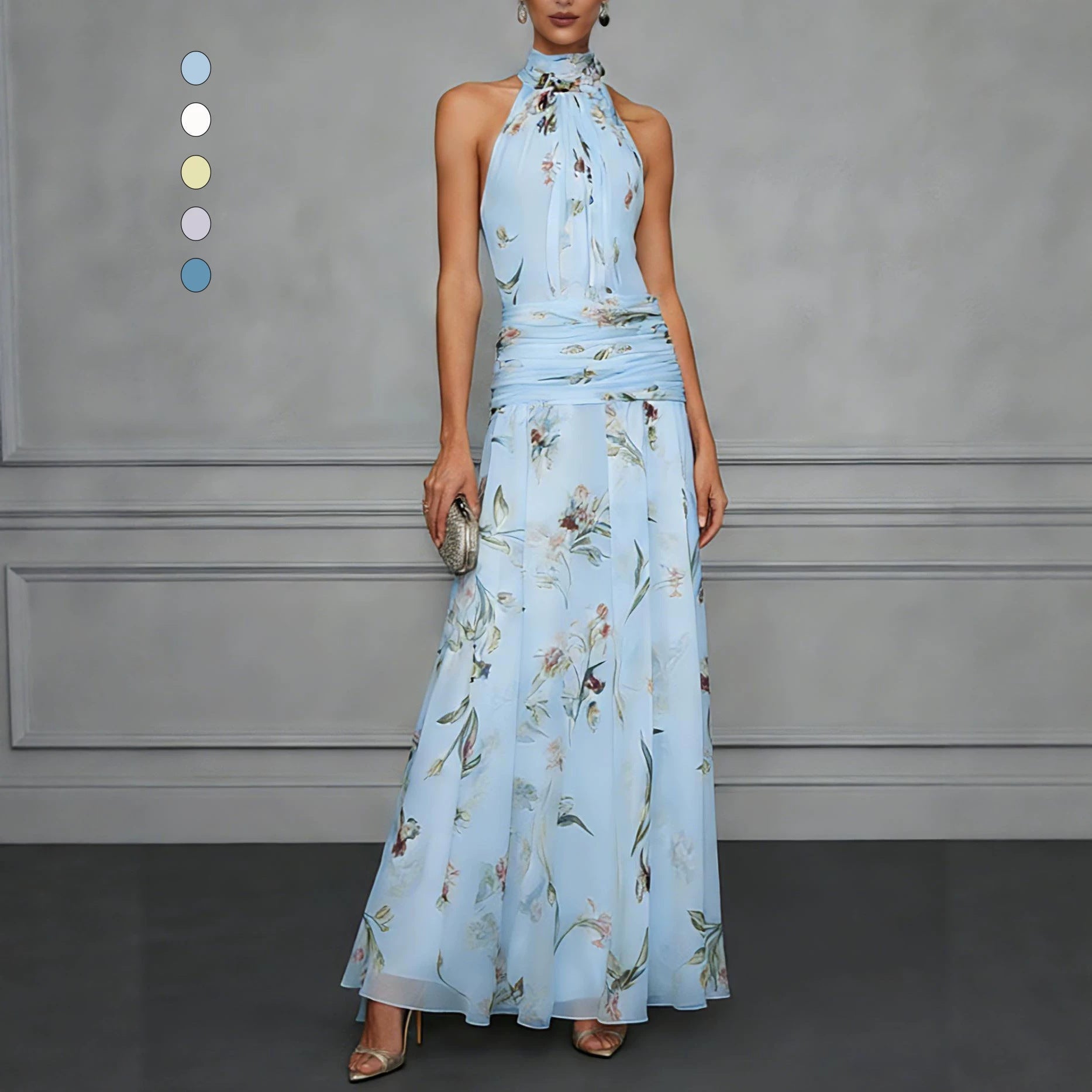 Halter Neck Printed Maxi Dress – Fitted Sleeveless Long Dress