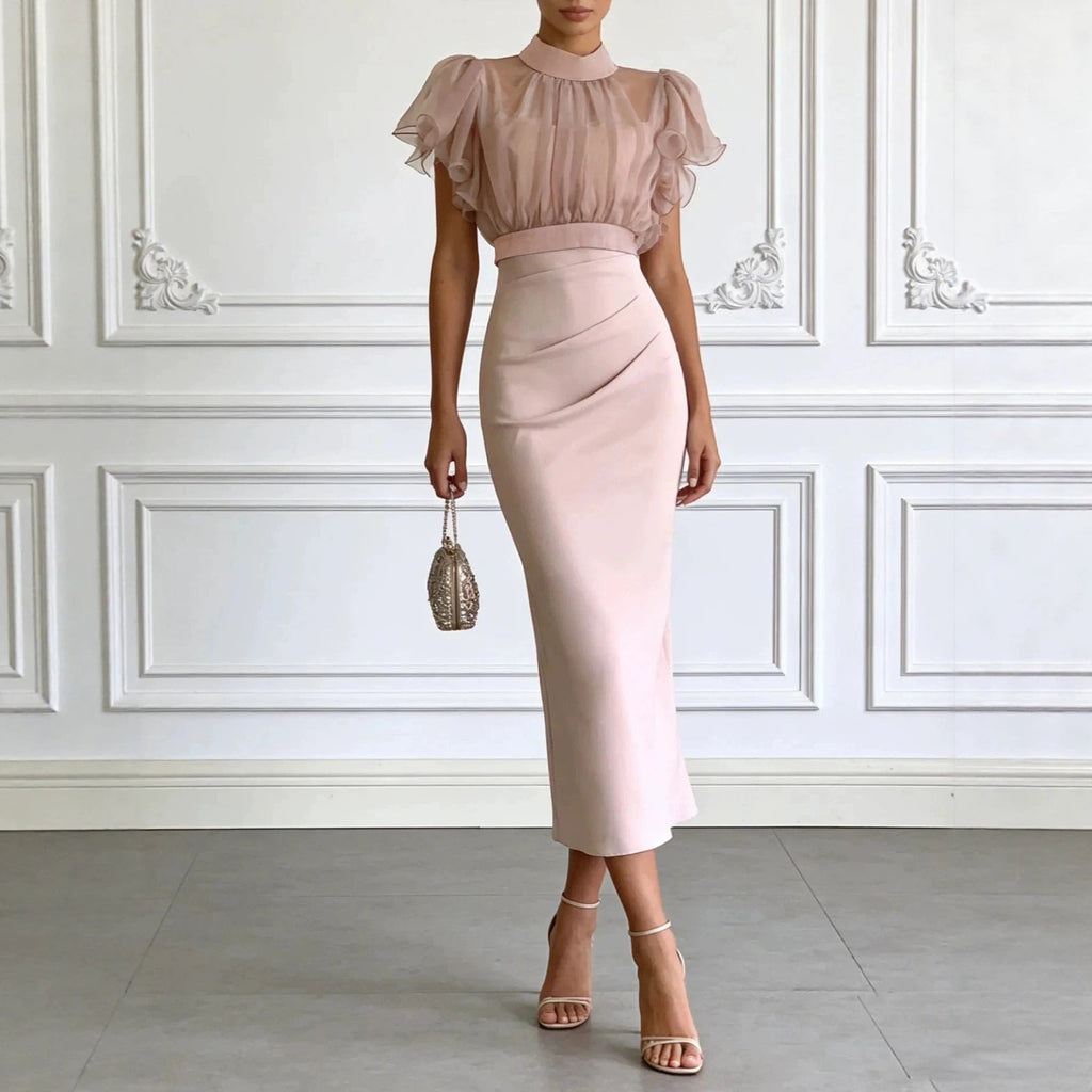 Pink Mesh Lace Two-Piece Dress Set – Elegant Long Skirt & Top