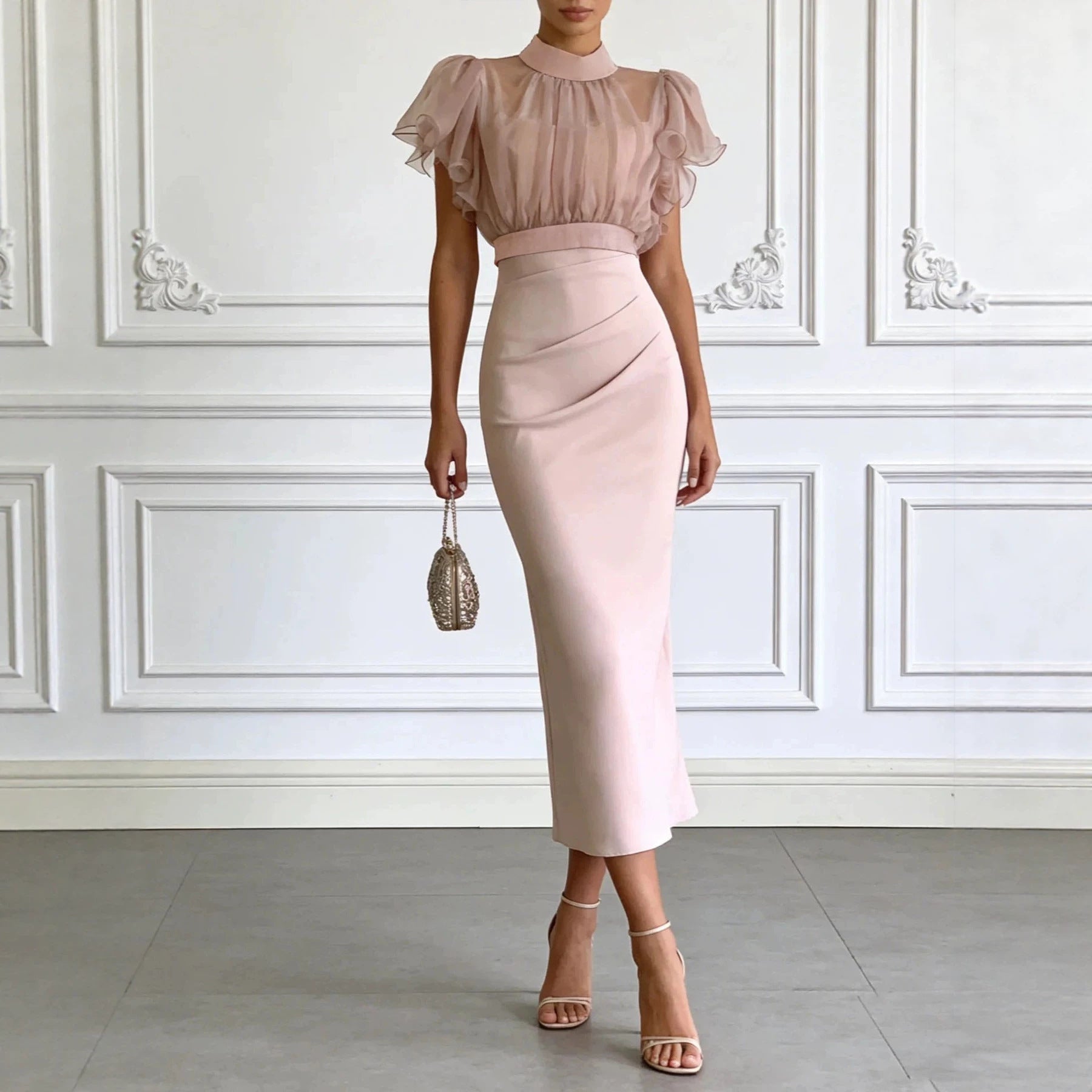 Pink Mesh Lace Two-Piece Dress Set – Elegant Long Skirt & Top