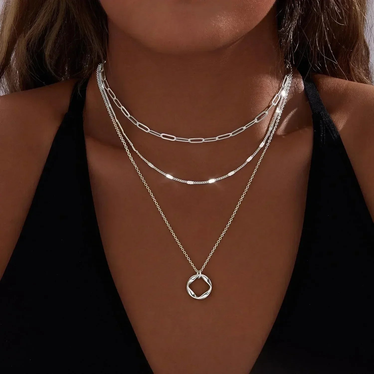 Layered Gold Necklaces for Women Stackable14K Gold Silver Plated Circle Paperclip Chain Pendant Choker Necklace Set For Woman