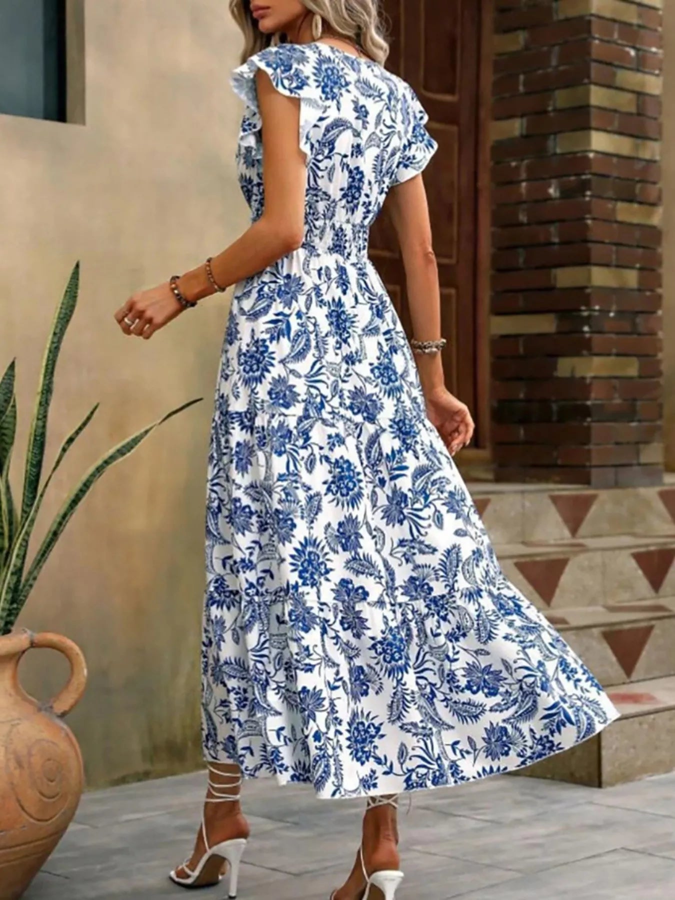Floral Print Ruffle Sleeve Midi Dress