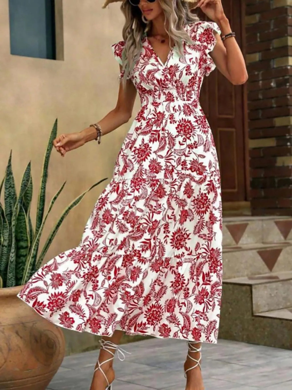 Floral Print Ruffle Sleeve Midi Dress