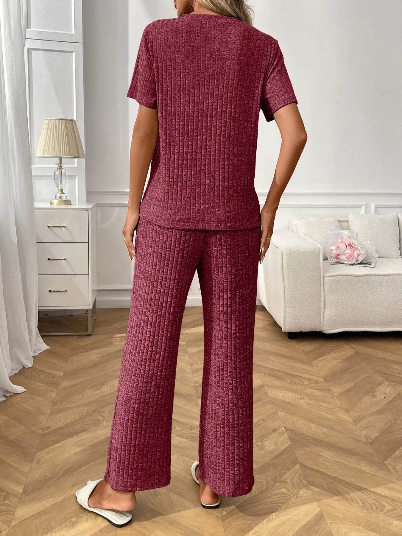 Ribbed Knit Short Sleeve Top and Pants Lounge Set