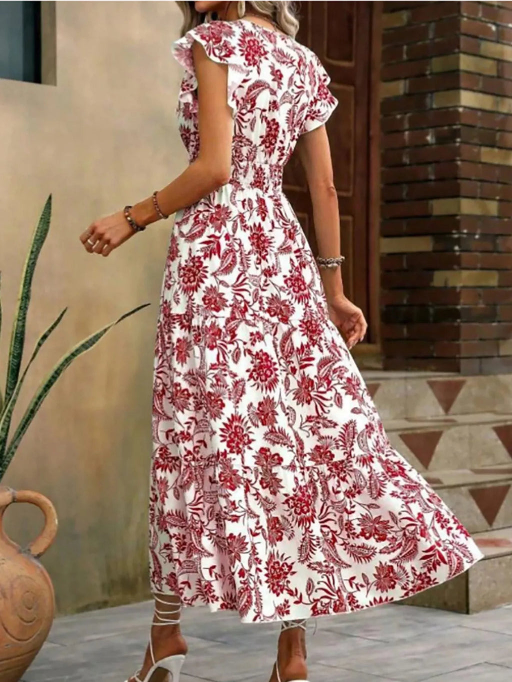 Floral Print Ruffle Sleeve Midi Dress