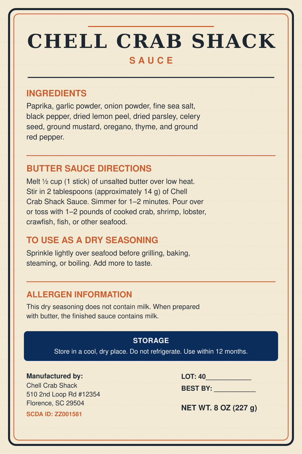 Chell Crab Shack Sauce ingredients, directions, allergen information, and storage label