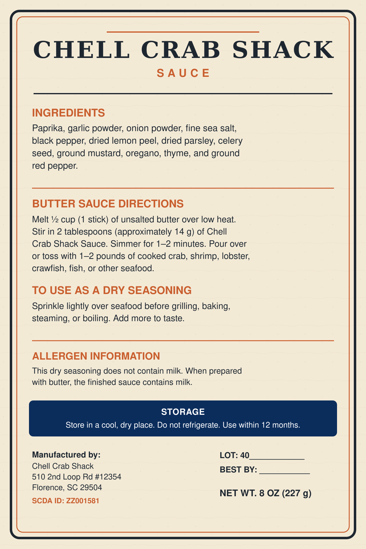 Chell Crab Shack Sauce ingredients, directions, allergen information, and storage label