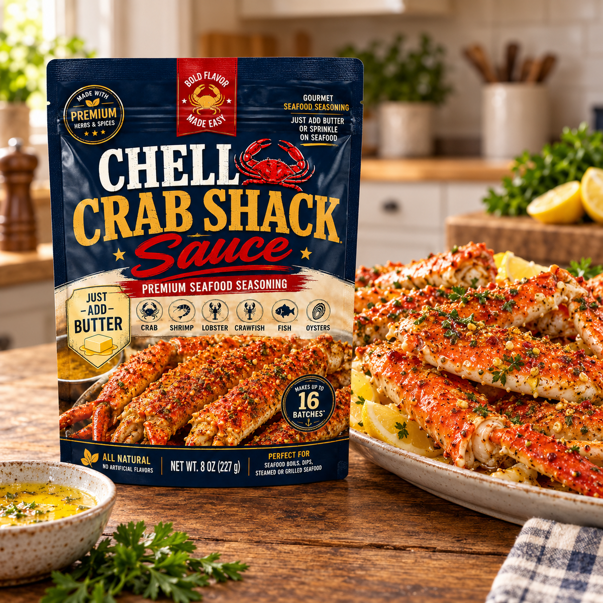 Chell Crab Shack Sauce beside seasoned crab legs on a kitchen table