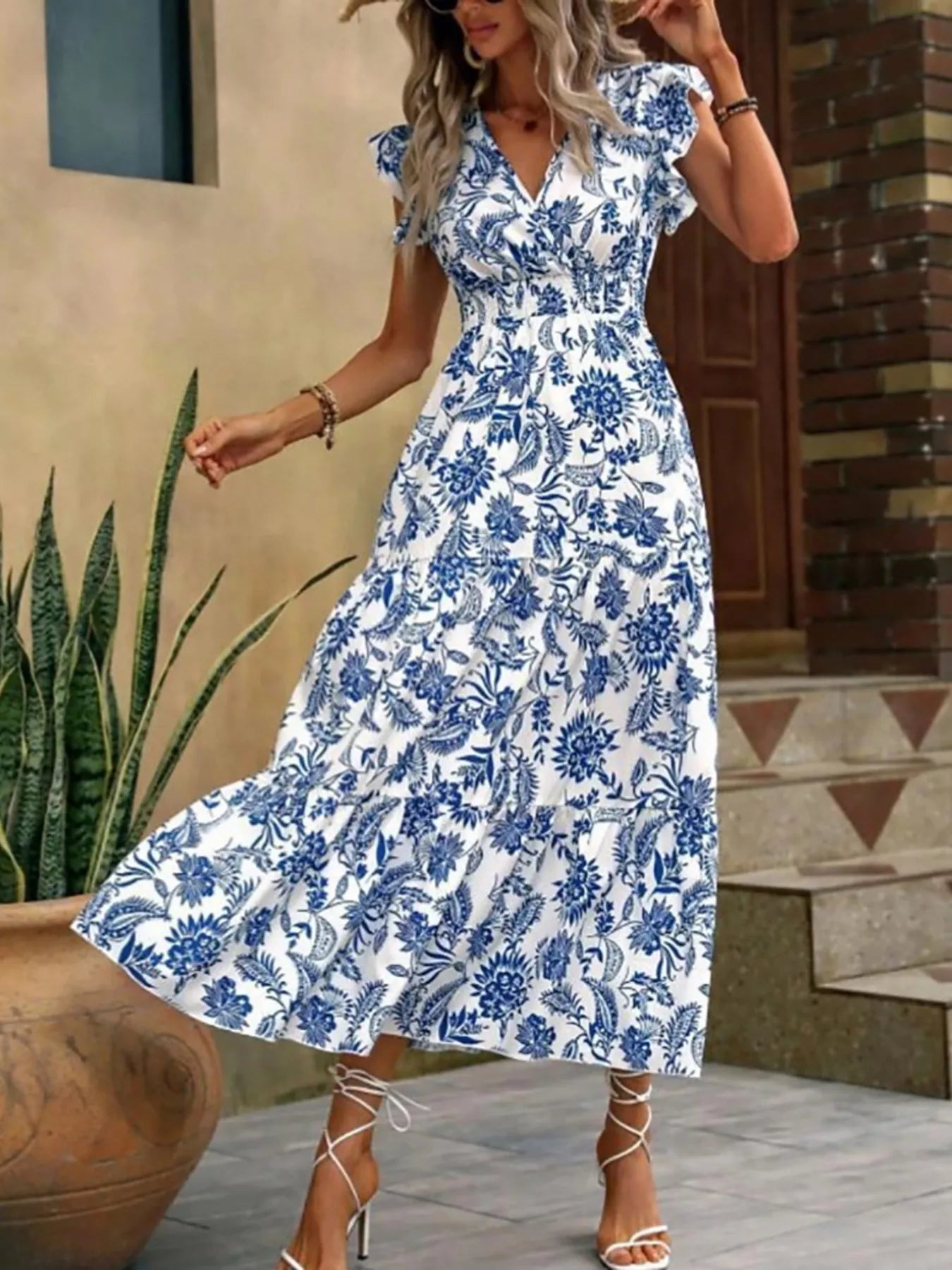 Floral Print Ruffle Sleeve Midi Dress