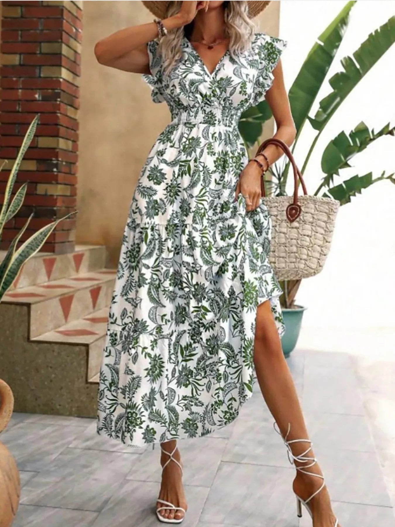 Floral Print Ruffle Sleeve Midi Dress