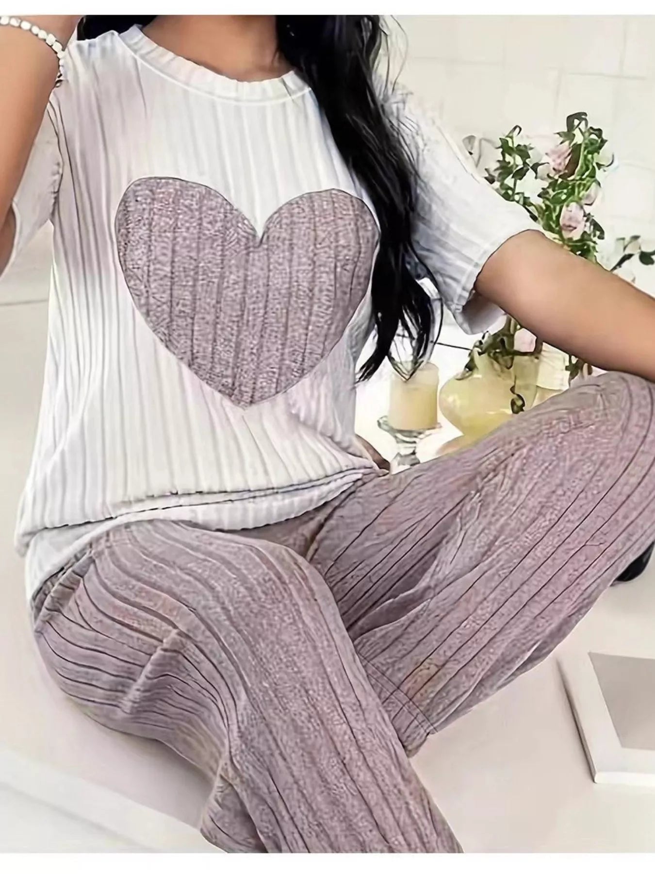Heart Ribbed Knit Top and Pants Lounge Set