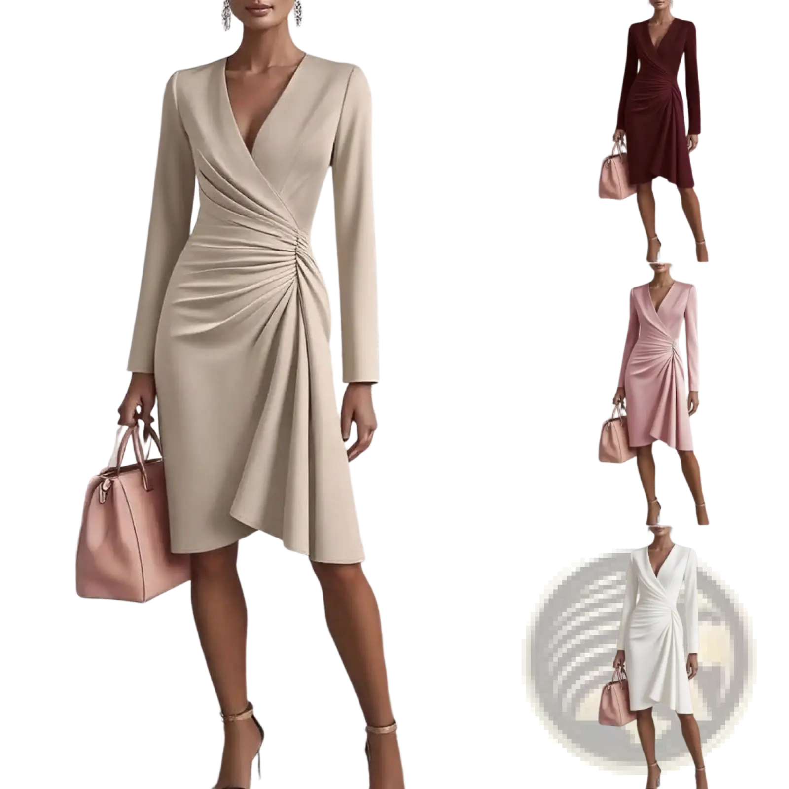 Elegant Long Sleeve v Neck Pleated Satin Midi Dress