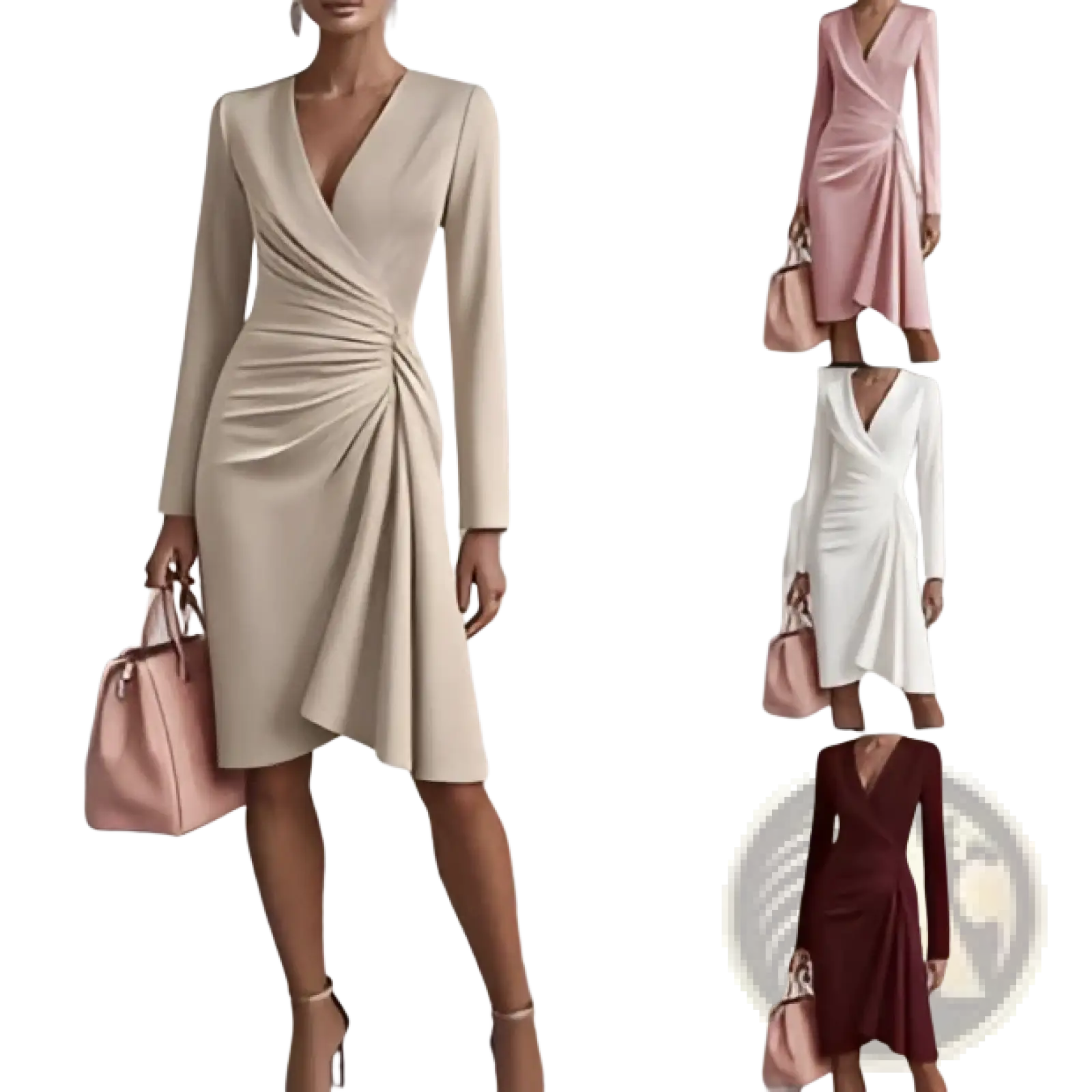 Elegant Long Sleeve v Neck Pleated Satin Midi Dress