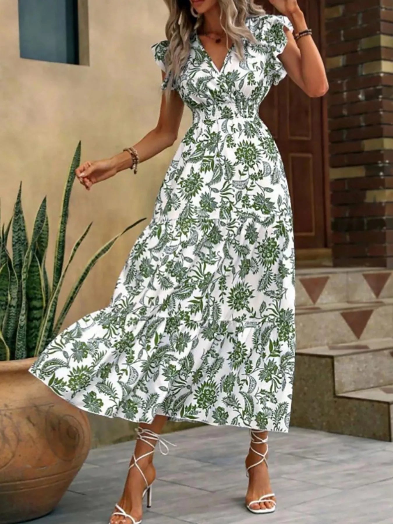 Floral Print Ruffle Sleeve Midi Dress
