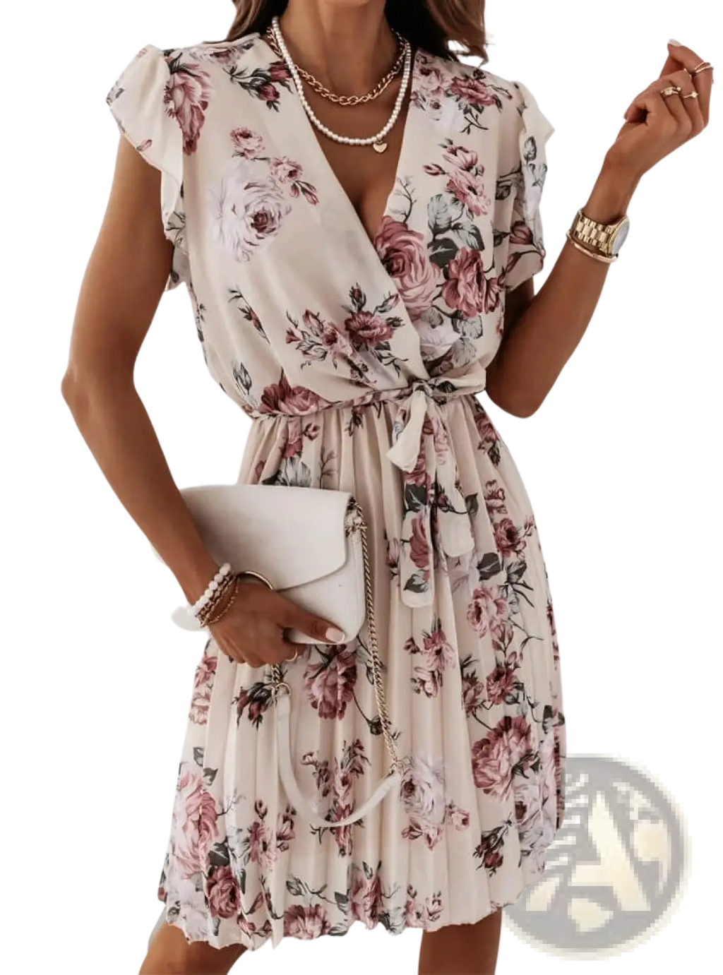 Floral Ruffle Wrap Dress with Pleated Skirt