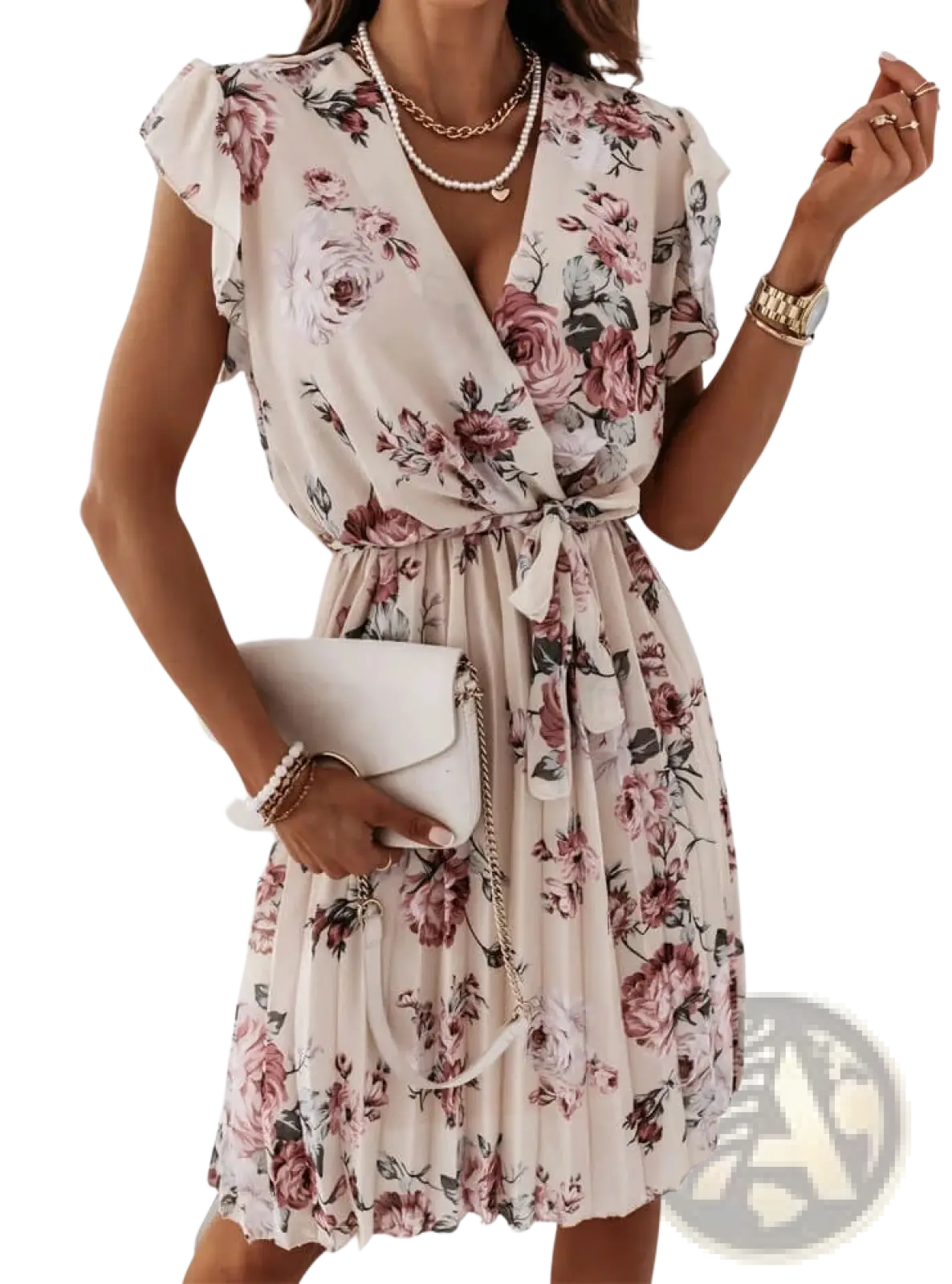Floral Ruffle Wrap Dress with Pleated Skirt