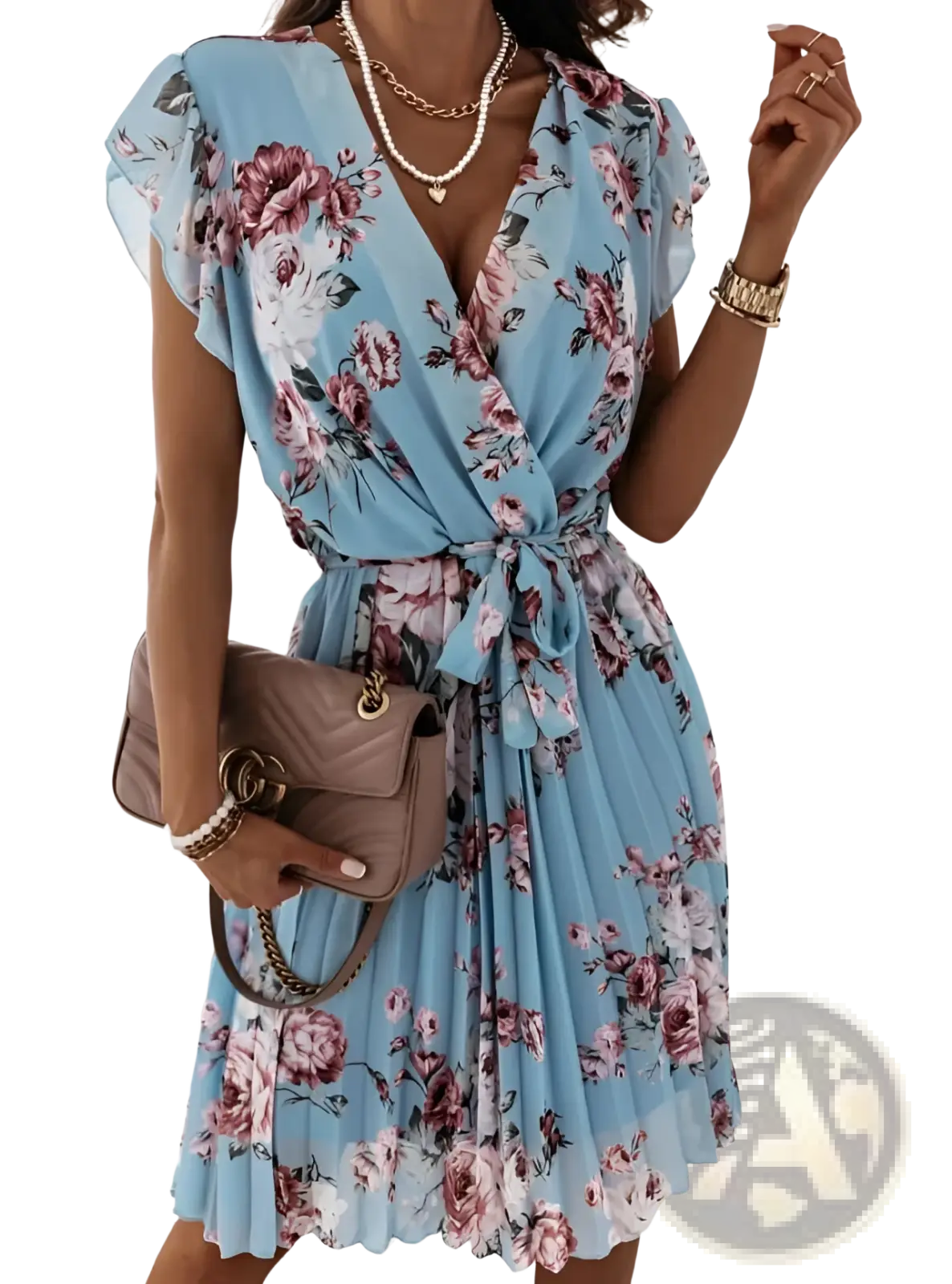 Floral Ruffle Wrap Dress with Pleated Skirt