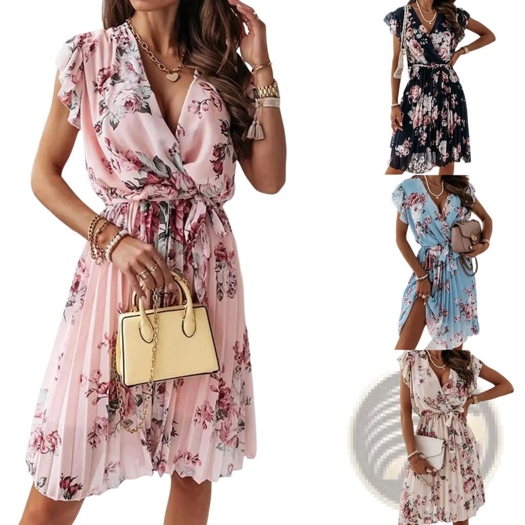 Floral Ruffle Wrap Dress with Pleated Skirt